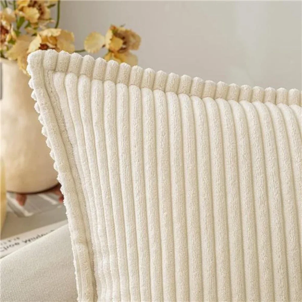 Corduroy Pillow Covers,20x20 Boho Striped Decorative Throw Pillow,Set of 2 Beige
